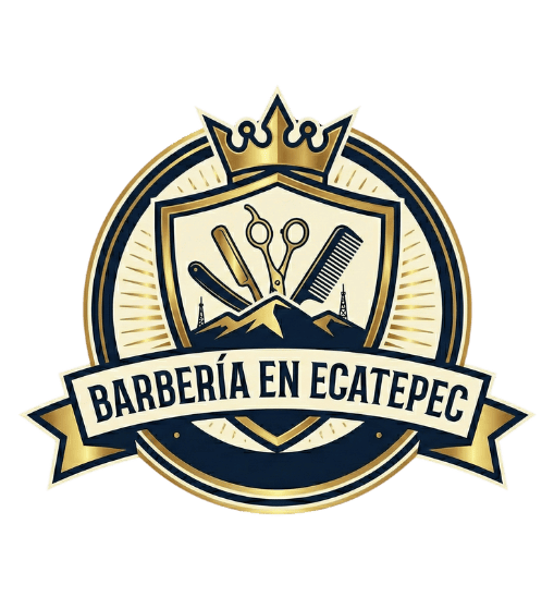 Logotipo oficial de Barbería en Ecatepec de Morelos con diseño de escudo dorado, tijeras y navaja.
